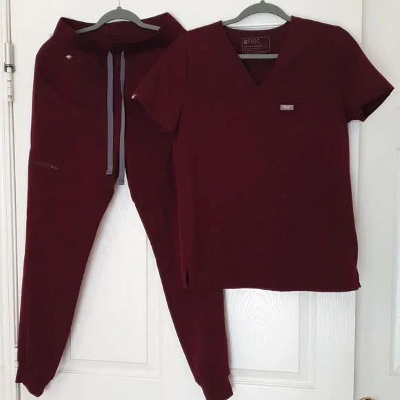 Figs Deep Red Scrub Set (Top & Pants) - Picture 1 of 6